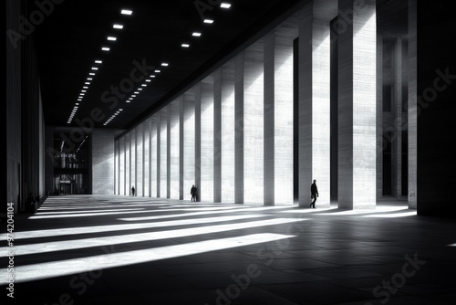 A striking monochrome architectural scene with strong contrasts of light and shadow, depicting a modern corridor with towering columns and sparse silhouettes.