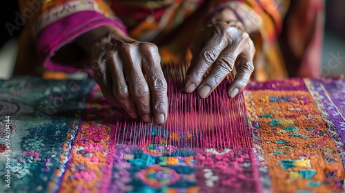 Nepalese Handicrafts: A close-up of a Nepalese artisan’s hands weaving a traditional rug, with intricate patterns and bright colors highlighting the craftsmanship. 
