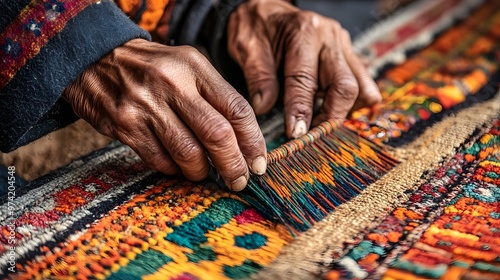 Nepalese Handicrafts: A close-up of a Nepalese artisan’s hands weaving a traditional rug, with intricate patterns and bright colors highlighting the craftsmanship. 
