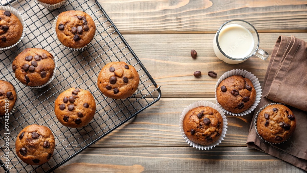 Overhead view of chocolate chip muffins and milk on a cooling rack Overhead view of chocolate chip muffins and milk on a cooling rack