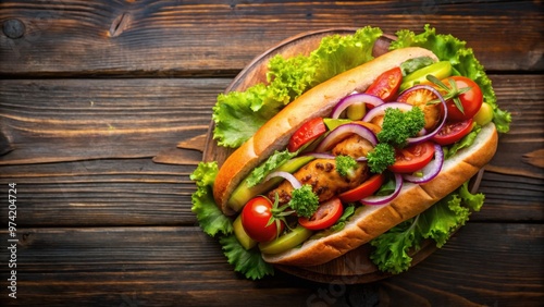 Top view of a delicious hot dog with sausage, pickled cucumber, tomatoes, red onions, and lettuce on a dark wooden background perfect for a summer BBQ party