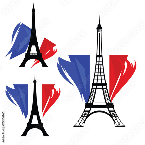 eiffel tower with french flag of blue, white and red - tourism and sightseeing in france design set