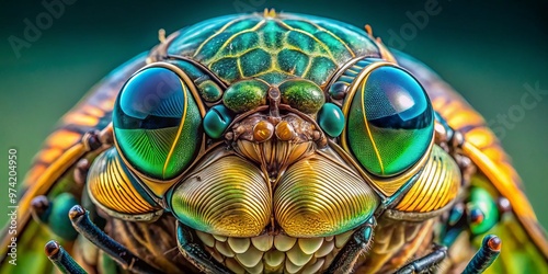 Intricate, iridescent details of a cicada's compound eye, featuring shimmering turquoise and gold hues, delicate hairs, photo