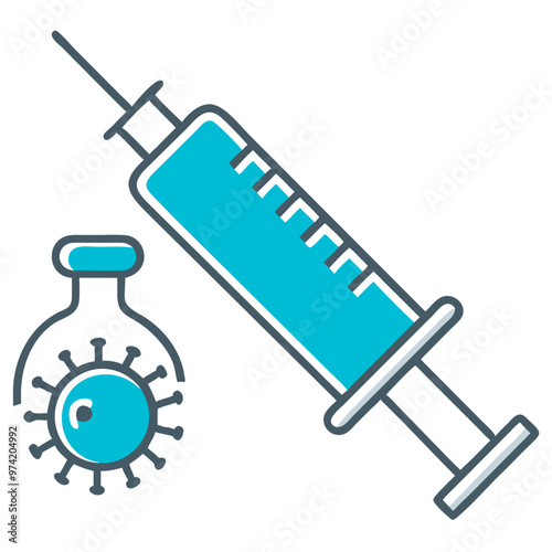 Syringe and Vaccine Bottle Icon, Blue Vector for Immunization and Healthcare
