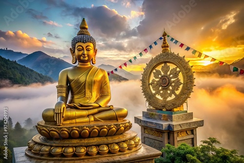 Intricately carved golden wheel of dharma, lotus flowers, and prayer flags adorn a serene Buddha statue amidst misty photo