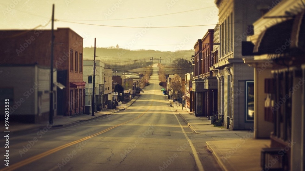 Peaceful Main Street in a Serene Small Town at Sunrise Peaceful Main Street in a Serene Small Town at Sunrise