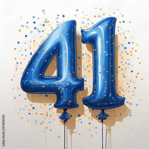 Blue birthday / anniversary balloon, number 41, white background with confetti