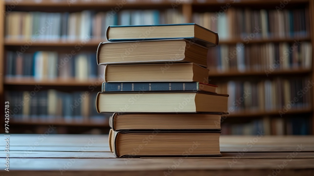 A stack of books set against the backdrop of a library. Piles of books placed in front of the library, with some resting on a wooden table. A stack of books set against the backdrop of a library. Piles of books placed in front of the library, with some resting on a wooden table.