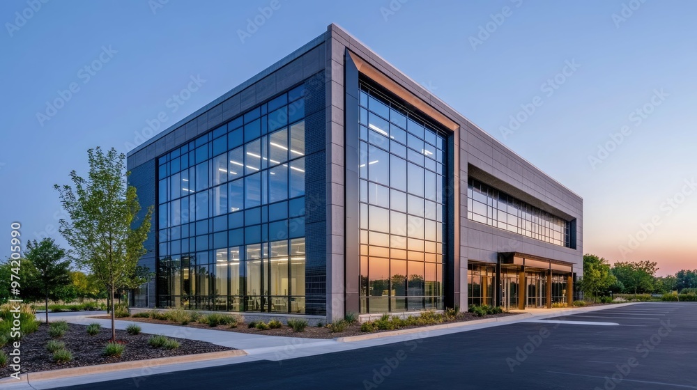 Modern glass and concrete office building with a sunset reflection in the windows. Modern glass and concrete office building with a sunset reflection in the windows.