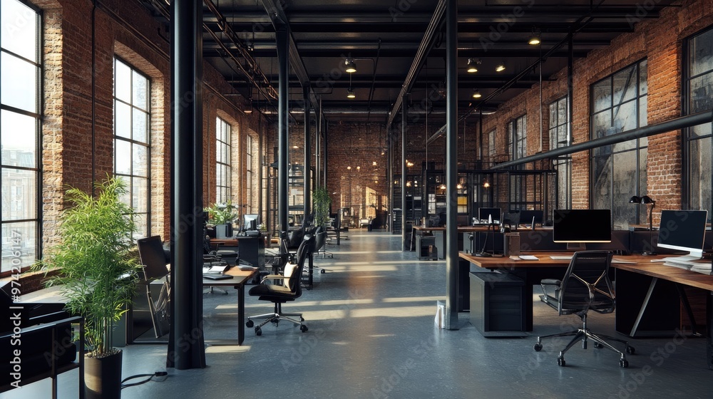 Modern industrial office space with large windows, exposed brick walls, and wooden desks. Modern industrial office space with large windows, exposed brick walls, and wooden desks.