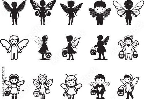 Collection of little kid wearing Fairy or angel costume vector silhouette black