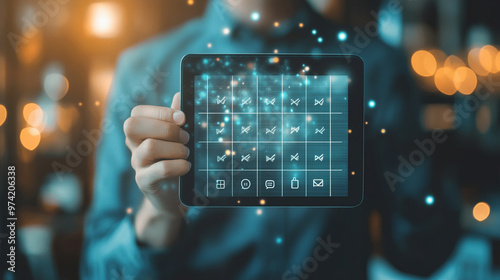 A person holds a digital tablet displaying a futuristic interface with icons and graphs in a dimly lit modern workspace at night