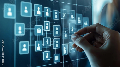 Person interacting with a digital display showing network connections and user icons in a tech workspace during daytime