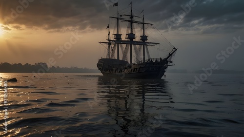 "The Padma River holds a secret, a phantom ship that silently sails with its tattered sails, remnants of a storm long gone. The mist shrouds it, and spectral figures haunt the deck, forever trapped in