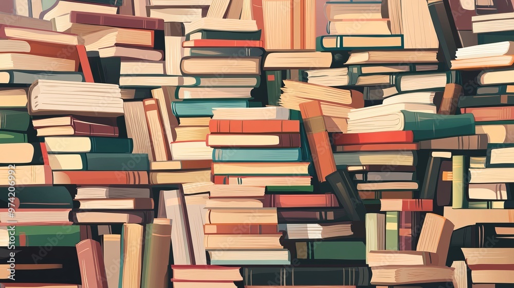 Tall stacks and heaps of books. A vector illustration featuring school library books, student textbooks, dictionaries, and encyclopedias piled up. Collections of bestsellers from bookstores Tall stacks and heaps of books. A vector illustration featuring school library books, student textbooks, dictionaries, and encyclopedias piled up. Collections of bestsellers from bookstores