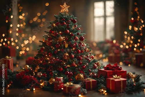 Christmas Tree with Red Ornaments and Gifts