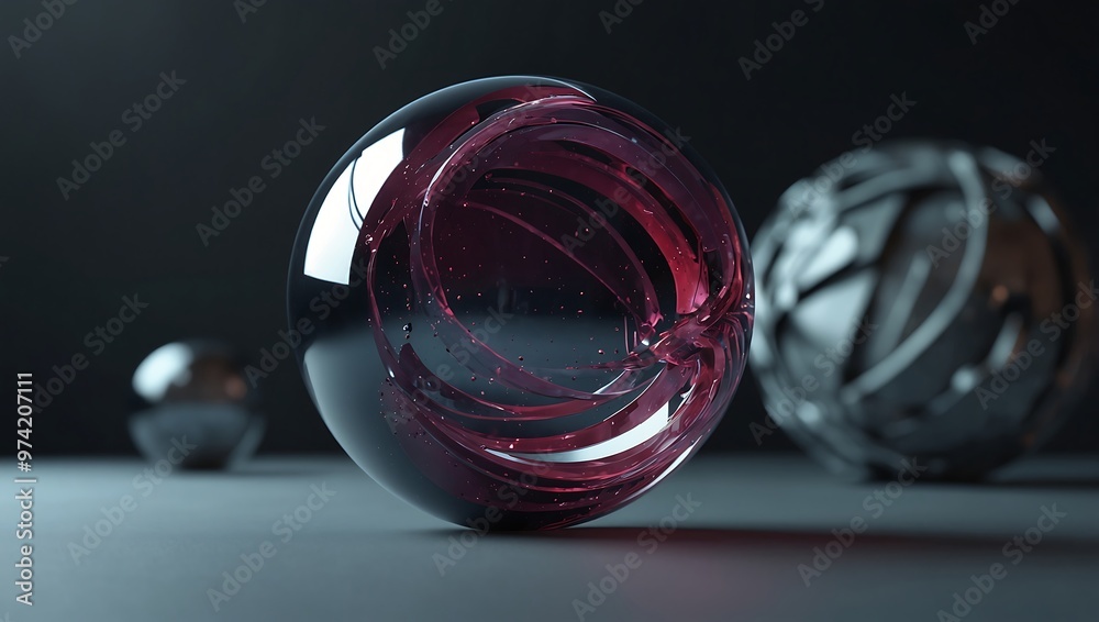 A close up of three stylized spheres one being a smooth purplish glass and the other two are metallic against a dark background	