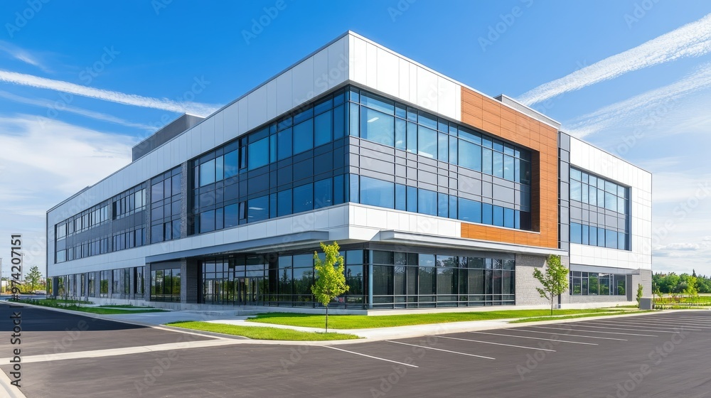 Modern office building with glass facade and wood accents. Modern office building with glass facade and wood accents.