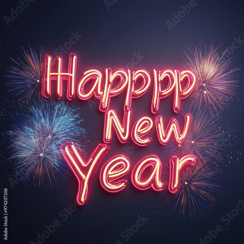 Festive neon sign celebrating New Year with colorful fireworks in the background, perfect for party and celebration themes.