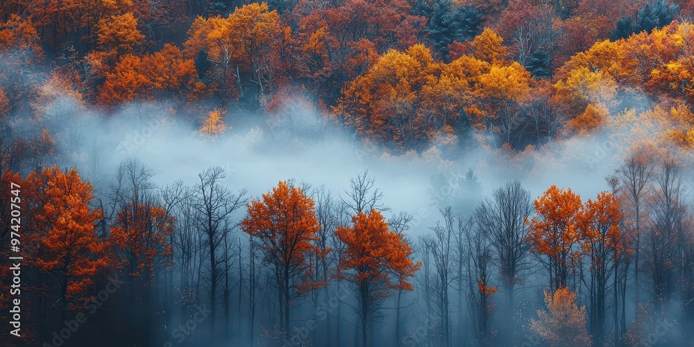 Fototapeta premium The dense October fog hung over the misty autumn forest, the trees disappearing into a gentle veil of mystery, October Fog, eerie tranquility.