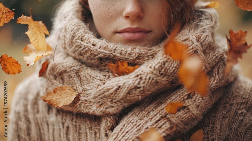 Comfy sweater weather, person wrapped in thick knitwear with autumn leaves falling, Sweater Weather, seasonal coziness Comfy sweater weather, person wrapped in thick knitwear with autumn leaves falling, Sweater Weather, seasonal coziness
