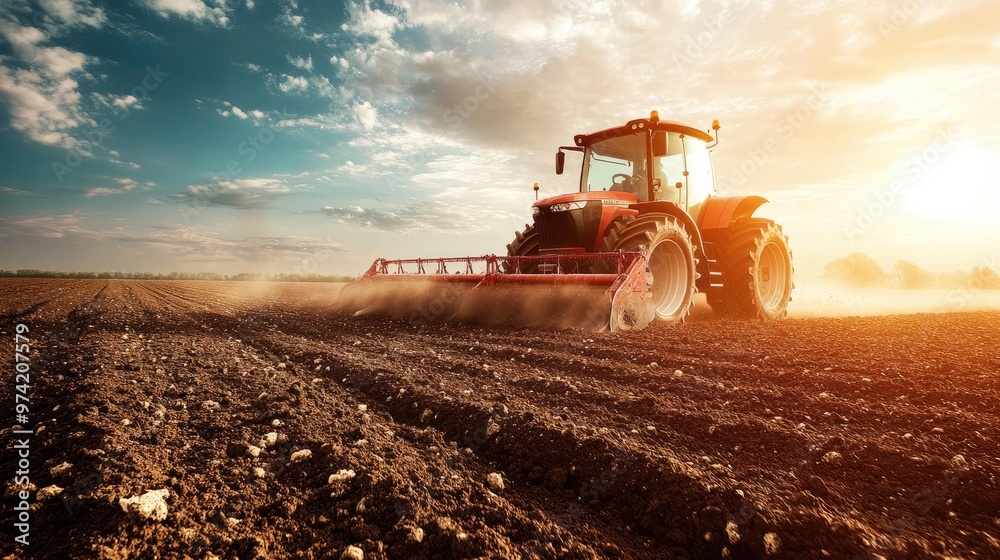 Fototapeta premium Red tractor working a field at sunset, with a dramatic sky and golden light.
