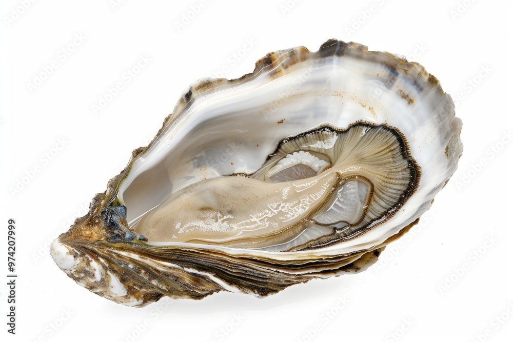 Naklejka premium A beautifully crafted oyster shell reveals its delicate inner beauty. The textures and colors create a stunning visual. Ideal for nature and seafood themes. Generative AI