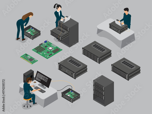 Engineers Working in Data Center Room. Installation and configuration hardware.