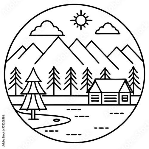 summer camp landscape outline coloring book page line art drawing