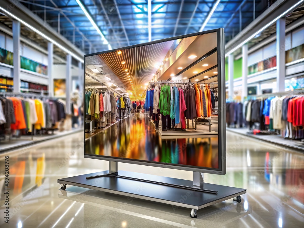 Large high-definition television on a sleek metal stand, displaying a vibrant color image, positioned on a modern Large high-definition television on a sleek metal stand, displaying a vibrant color image, positioned on a modern