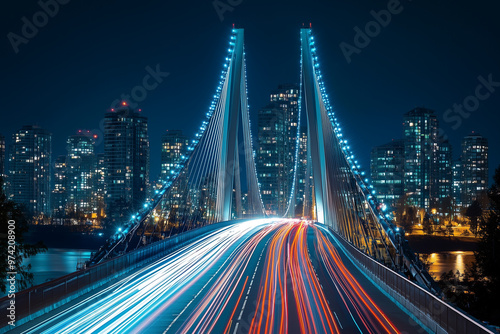 Vibrant light trails across a modern suspension bridge at night, with skyscrapers illuminated in the background, capturing the dynamic movement of city life and urban energy