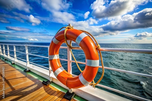 Life ring and emergency position-indicating radio beacon (EPIRB) on deck of commercial vessel, demonstrating essential