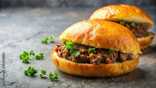 Delicious South African vetkoek filled with savory mince, served on a mottled grey background photo