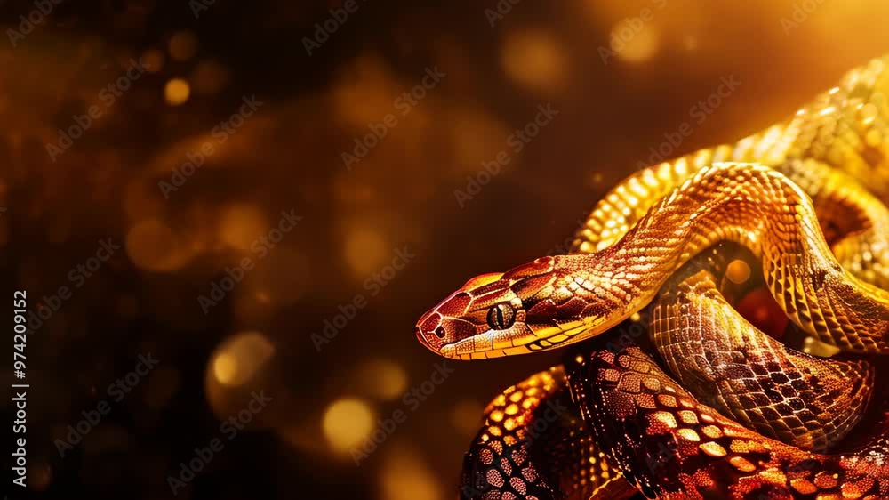 Captivating close-up of a majestic snake coiled in warm golden light during the evening hours