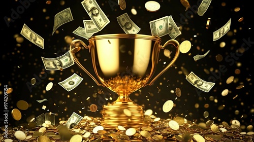 A golden trophy sits on a pile of gold coins, with dollar bills and coins falling around it.