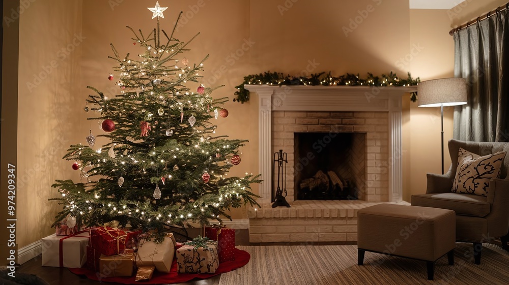A photo of a Christmas tree in a living room during winter. The tree is decorated with ornaments generative AI A photo of a Christmas tree in a living room during winter. The tree is decorated with ornaments generative AI