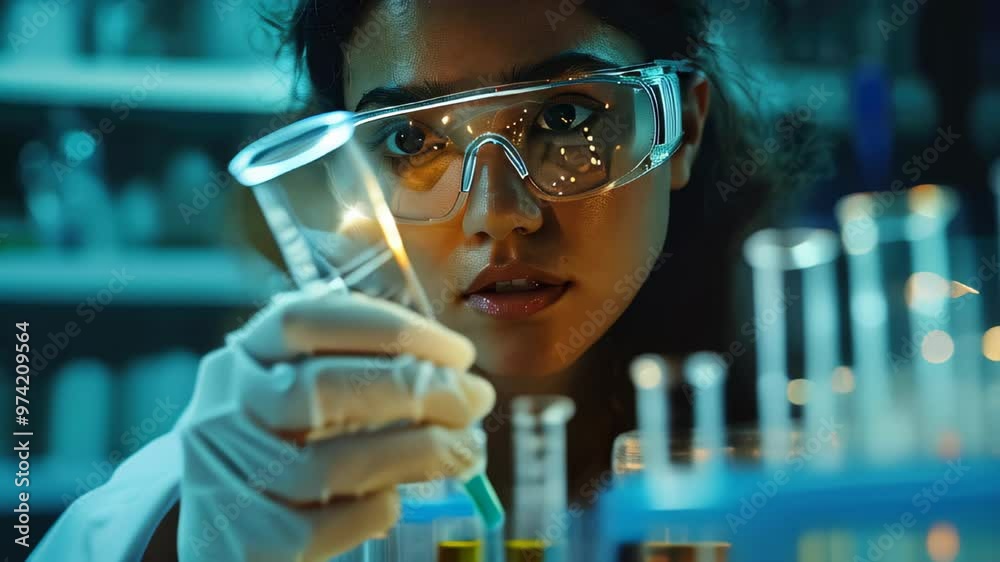 Young scientist conducting experiments in a lab with glassware, focusing on chemical reactions during late evening hours