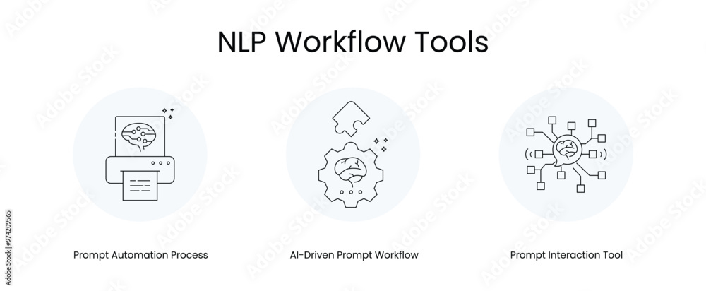 NLP Workflow Tools - Icons Representing: AI-Driven Prompt Workflow, Prompt Interaction Tool, Prompt Automation Process. These icons are designed to visually represent nlp workflow tools. NLP Workflow Tools - Icons Representing: AI-Driven Prompt Workflow, Prompt Interaction Tool, Prompt Automation Process. These icons are designed to visually represent nlp workflow tools.