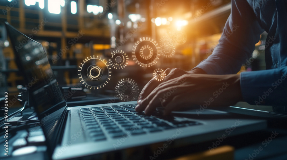 Person working on a laptop in a busy warehouse with gears symbolizing technology and innovation during daylight hours Person working on a laptop in a busy warehouse with gears symbolizing technology and innovation during daylight hours