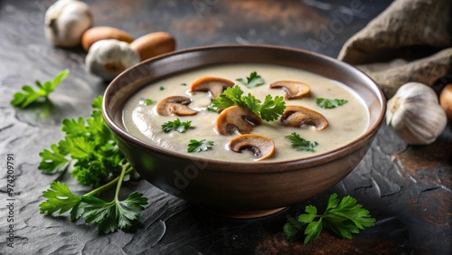 Delicious creamy mushroom soup with parsley in a close-up shot on a dark background