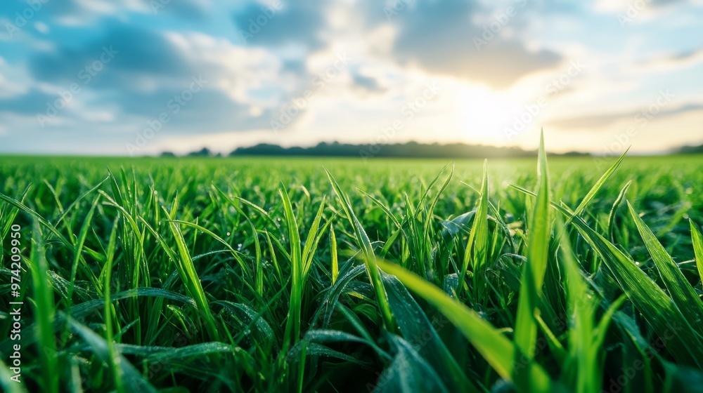 Green grass stretching out to the horizon in a serene setting, Green grass stretching out to the horizon in a serene setting,