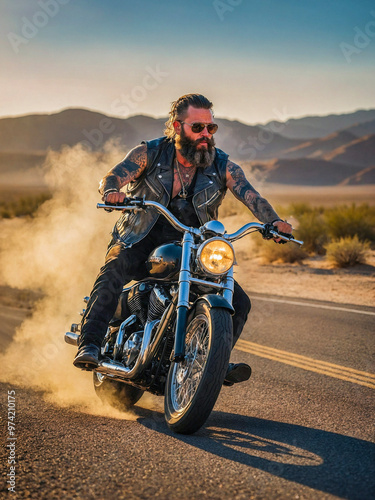 A dynamic image of a tattooed bearded biker riding his motorcycle on a desert road at sunset. Dressed in a leather vest and sunglasses, the rider exudes toughness as he kicks up dust. photo