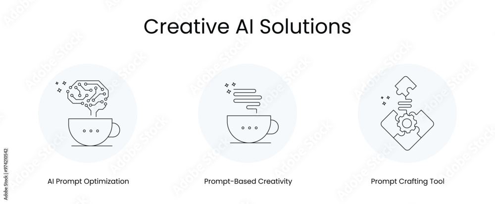Creative AI Solutions - Icons Representing: Prompt-Based Creativity, Prompt Crafting Tool, AI Prompt Optimization. These icons are designed to visually represent creative ai solutions. Creative AI Solutions - Icons Representing: Prompt-Based Creativity, Prompt Crafting Tool, AI Prompt Optimization. These icons are designed to visually represent creative ai solutions.