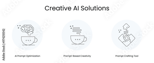 Creative AI Solutions - Icons Representing: Prompt-Based Creativity, Prompt Crafting Tool, AI Prompt Optimization. These icons are designed to visually represent creative ai solutions.