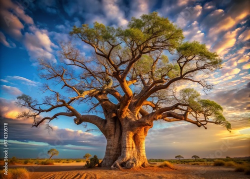 Majestic ancient boab tree stands tall in Australian outback, its gnarled branches and twisted trunk telling tales of photo