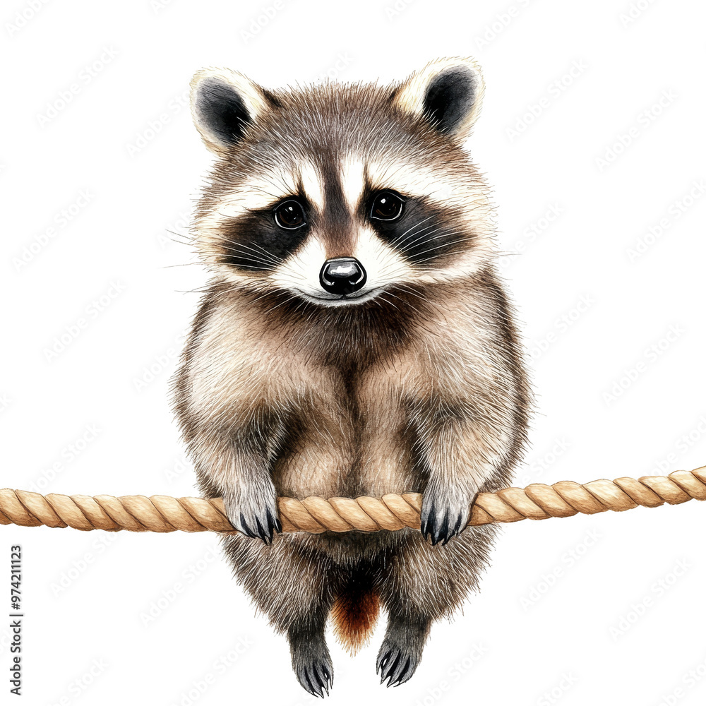 Obraz premium Adorable raccoon hanging on a rope, showcasing its playful and curious nature with expressive eyes and fuzzy fur.