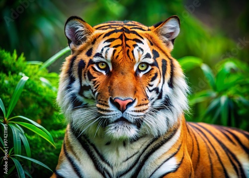 Majestic Bengal tiger with vibrant orange and black stripes, sharp claws, and piercing green eyes, set against a