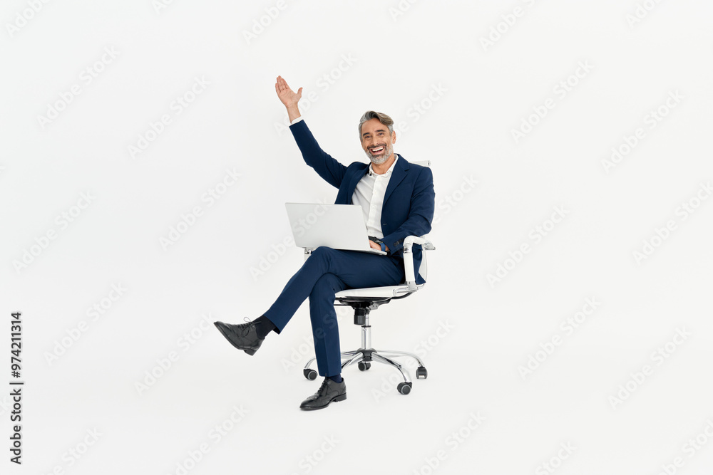 Happy mid adult business man using laptop celebrating success in office chair. Excited mature professional businessman winner in suit rejoicing online win, profit results growth isolated on white. Happy mid adult business man using laptop celebrating success in office chair. Excited mature professional businessman winner in suit rejoicing online win, profit results growth isolated on white.