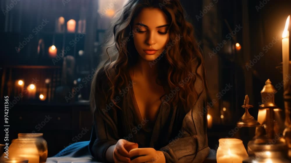 A captivating evening of tarot card reading in a candlelit room surrounded by books and mystical artifacts
