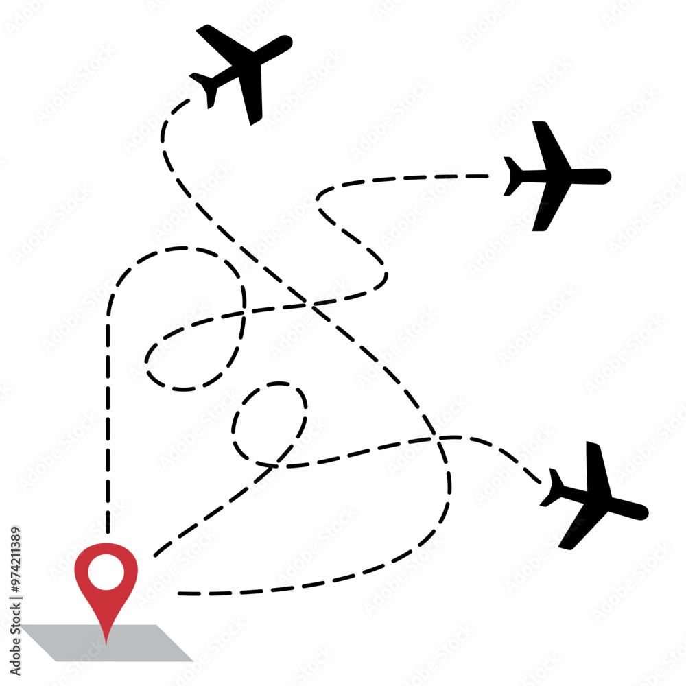 Silhouette of an aircraft route. Aircraft path. Aircraft flight journey. Illustration of a flight map. Jetliner dotted line of aircraft traffic. Transport, trail, path, track on map. Silhouette of an aircraft route. Aircraft path. Aircraft flight journey. Illustration of a flight map. Jetliner dotted line of aircraft traffic. Transport, trail, path, track on map.